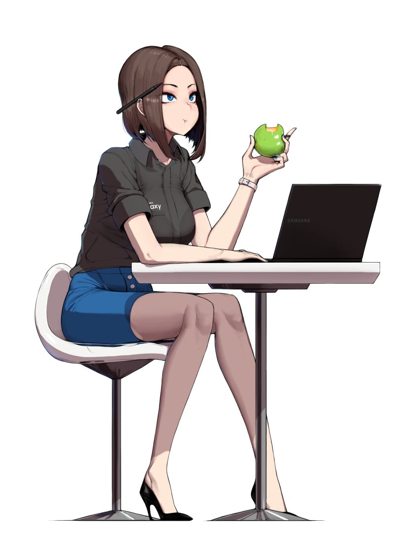 1girls apple blue_eyes brown_hair deliciousmeatart eating emotionless emotionless_female female female_only femsub freckles full_body fully_clothed high_heels indifference indifferent laptop looking_afar medium_hair mole_under_eye samsung samsung_sam sitting table thinking unamused unaware unbothered uncaring unenthusiastic