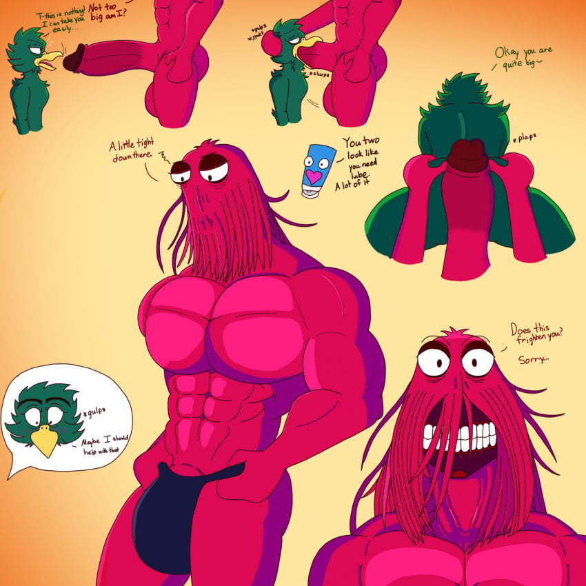 2022 abs anatid animate_inanimate anseriform anthro areola artist_name athletic athletic_humanoid athletic_male avian balls barely_visible_genitalia barely_visible_penis beak biceps big_balls big_dom_small_sub big_pecs big_penis bird black_pupils blush bulge dialogue digital_drawing_(artwork) digital_media_(artwork) don't_hug_me_i'm_scared duck duck_guy_(dhmis) duo eyelashes feathers fingers fur genitals green_body green_feathers hair hi_res huge_cock humanoid hyper hyper_genitalia hyper_penis imminent_sex larger_humanoid larger_male legs_up lube_bottle male male/male male_focus male_only muscular muscular_humanoid muscular_male nude oral pecs penis pupils red_body red_fur red_guy_(dhmis) red_hair rougetenjoname short_tail simple_background simple_eyes size_difference smaller_anthro smaller_male tail tail_feathers