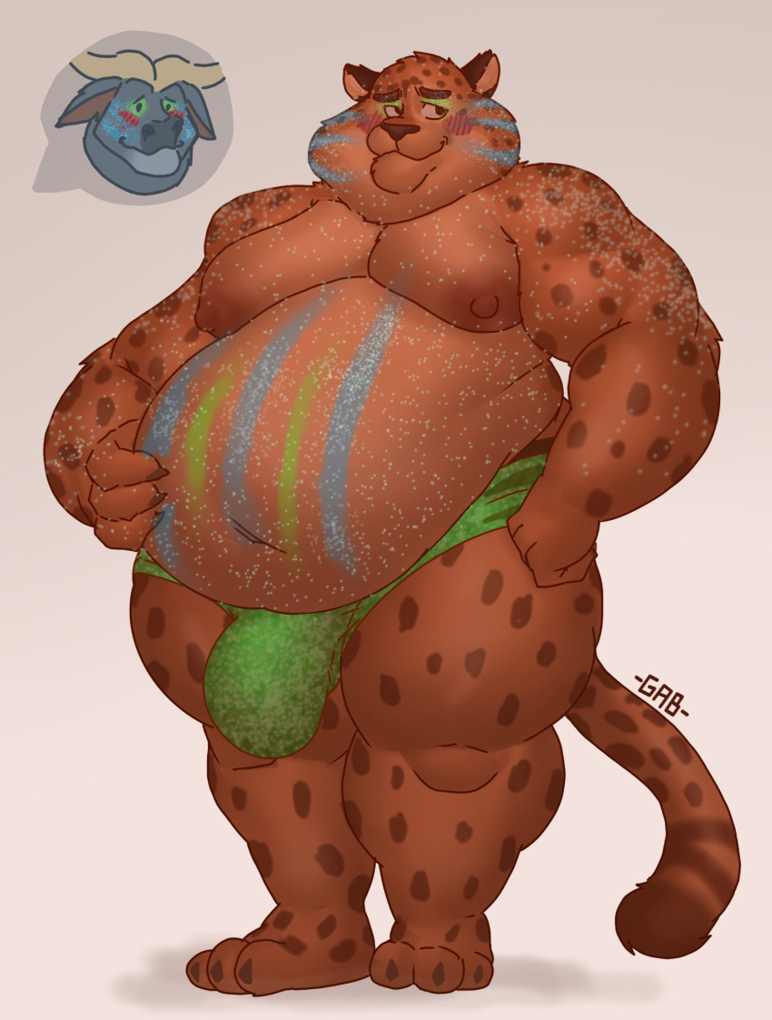 2022 anthro areola barazoku belly benjamin_clawhauser biped blush bodypaint bovid bovine bulge cheetah chief_bogo detailed_bulge disney duo fat felid feline flaccid gab_art glitter hi_res horn male male_only mammal nipples obese obese_anthro obese_male overweight overweight_anthro overweight_male solo true_buffalo underwear water_buffalo zootopia zootopia+