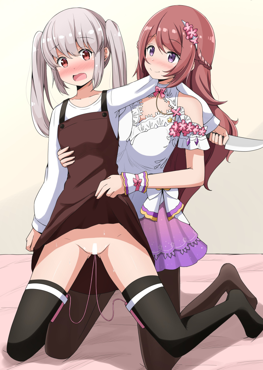 2girls aikawa_ryou alice_sawyer apron apron_lift arms_around_partner blush blushing_profusely censor_bar censored_pussy dallas_lawyer female_dominating_female female_only femdom femsub flower_hair_ornament girlsfc indie_virtual_youtuber kneehighs kneesocks knife large_breasts lesbian_domination lezdom light-skinned_female light_skin multiple_girls nina_saotome pantyhose red_eyes red_hair shiny_skin small_breasts sweat sweater twintails vibrator vibrator_in_pussy vibrator_strapped_to_leg violet_eyes virtual_youtuber vtuber waist_grab white_dress white_hair yuri