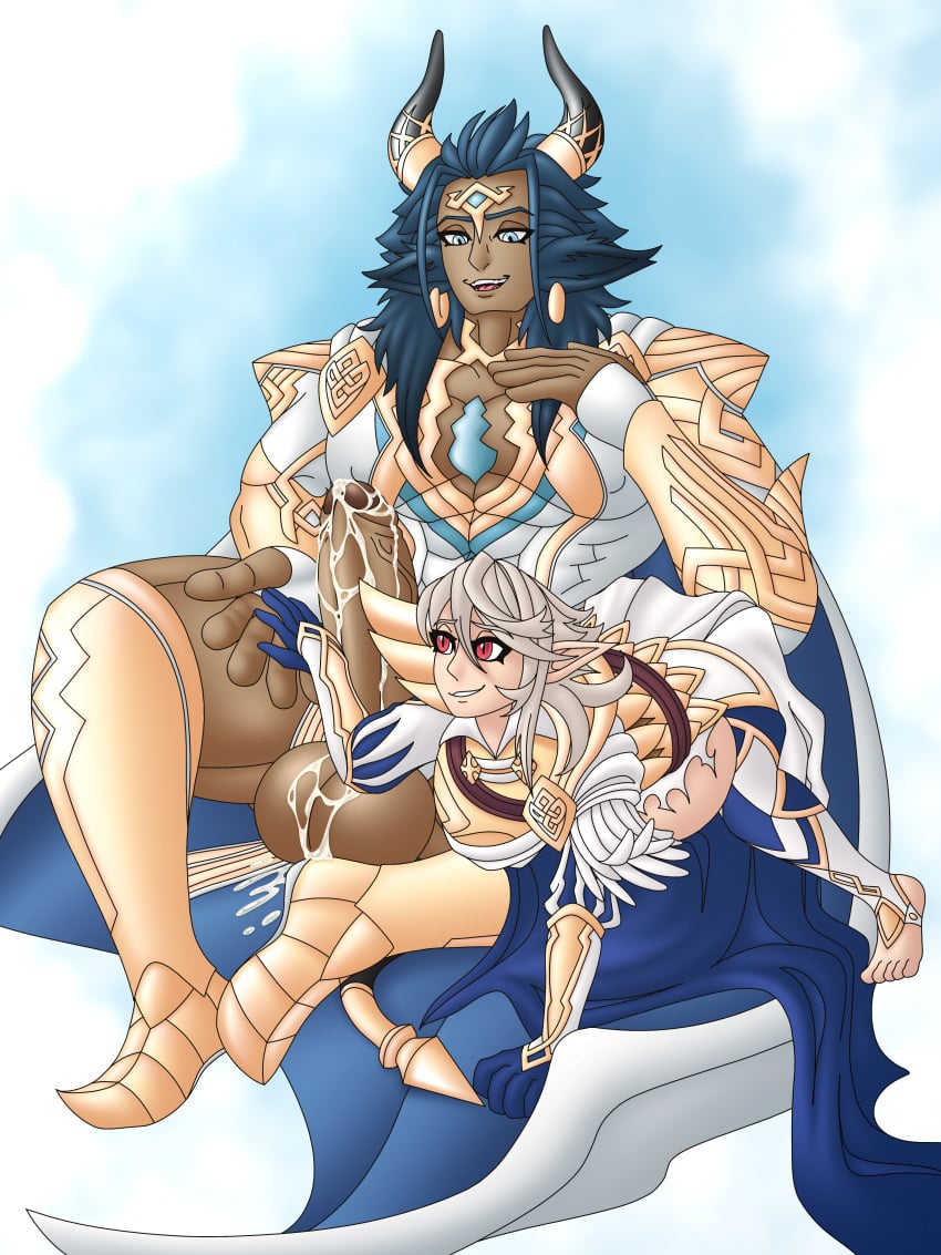 absurd_res ahegarou armor askr_(fire_emblem) balls big_balls big_dom_small_sub big_penis blue_eyes blue_hair bodily_fluids bottomwear cape clothing corrin_(fire_emblem) corrin_(fire_emblem)_(male) cum cum_from_mouth cum_in_mouth cum_inside dominant duo ear_piercing ear_ring fluffy_ears foreskin genital_fluids genitals girly hair hi_res horn huge_balls humanoid hyper inflation large_insertion large_pecs larger_male loincloth male male/male muscular muscular_male pecs penetration penis piercing ring_piercing size_difference smaller_male tail torn_clothing yaoi