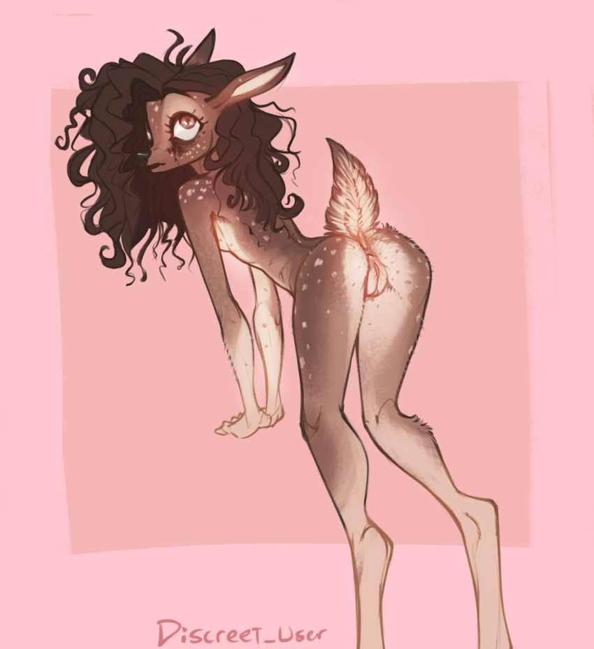 2023 all_fours anthro anus ass biped black_nose breasts brown_body brown_eyes brown_fur brown_hair curled_hair deer digital_media_(artwork) discreet_user eyelashes female fur genitals hair hi_res long_hair looking_back mammal multicolored_body multicolored_fur pink_background presenting presenting_hindquarters pussy scut_tail short_tail simple_background skinny solo spots spotted_body spotted_fur tail two_tone_body two_tone_fur unguligrade unguligrade_anthro unguligrade_legs white_body white_fur