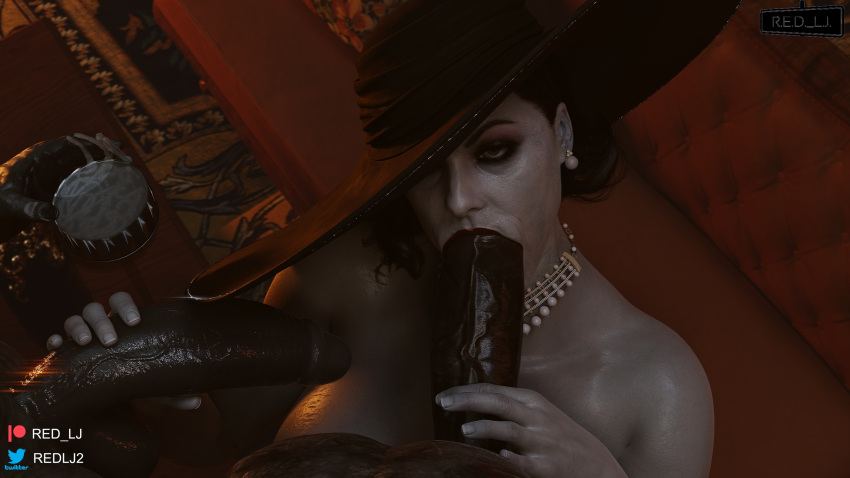 1girls 2monsters 3d alcina_dimitrescu black_hair blender_(software) blowjob capcom cup dark-skinned_male dark_skin fellatio female hat huge_cock interracial milf monster_cock mother necklace oral pale-skinned_female pale_skin red_lj regenerator resident_evil resident_evil_4 resident_evil_8:_village semen tyrant unseen_male_face