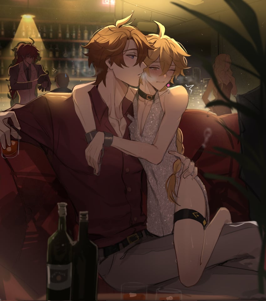 2boys aether_(genshin_impact) alcohol bar blonde_hair blush childe_(genshin_impact) collar crossdressing diluc_(genshin_impact) dominant_male dress femboy feminine_male gay genshin_impact ginger_hair girly groping ha___ze(twitter) ha_ze hand_on_ass hand_on_hip handcuffs hip_grab male male/male male_only male_pov prostitution submissive_male tagme tartaglia_(genshin_impact) thigh_strap yaoi