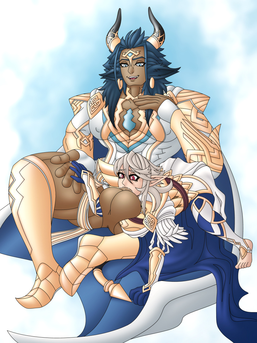 absurd_res ahegarou armor askr_(fire_emblem) balls big_balls big_dom_small_sub big_penis blue_eyes blue_hair bottomwear cape clothing corrin_(fire_emblem) corrin_(fire_emblem)_(male) dominant duo ear_piercing ear_ring fellatio fluffy_ears foreskin genitals girly hair hi_res horn huge_balls humanoid hyper large_insertion large_pecs larger_male loincloth male male/male muscular muscular_male oral pecs penetration penile penis piercing ring_piercing sex size_difference smaller_male struggling_to_fit tail yaoi