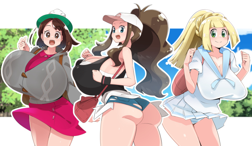 3girls adult aged_up ass big_breasts bimbo blonde_hair blue_eyes breasts brown_eyes brown_hair cleavage gigantic_breasts gloria_(pokemon) green_eyes hilda_(pokemon) huge_breasts hyper hyper_breasts impossible_clothes impossible_clothing impossible_shirt large_breasts lillie_(pokemon) looking_at_viewer massive_breasts nintendo pokemon pokemon_(game) pokemon_bw pokemon_sm pokemon_ss short_shorts shorts tight tight_clothes tight_clothing tight_shirt toudori