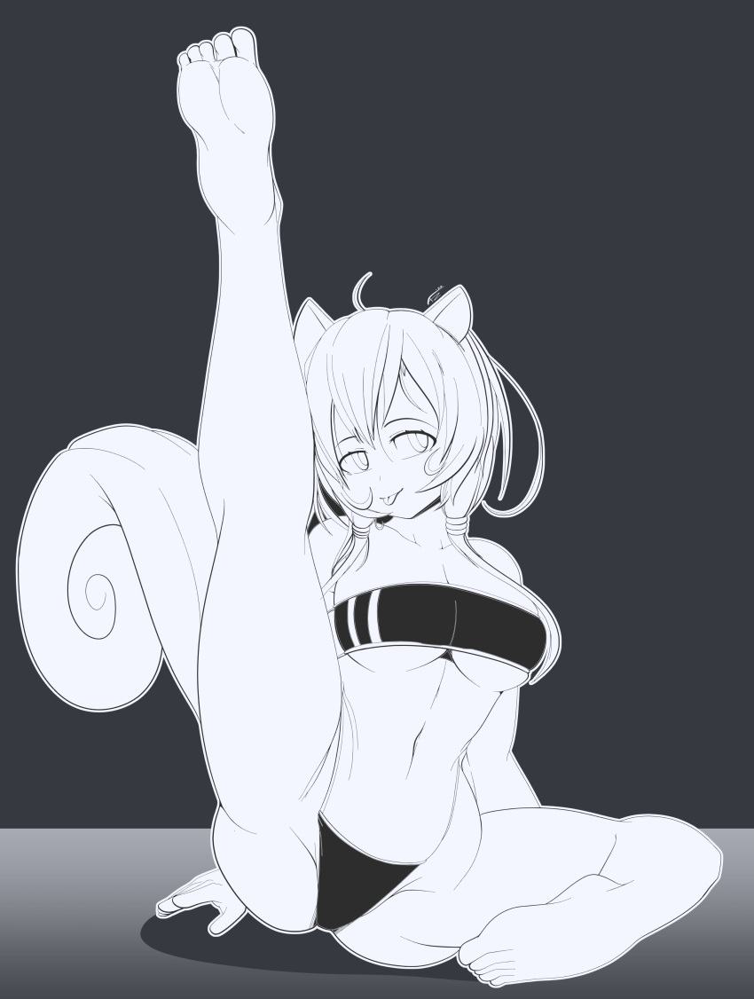 animal_ears ayunda_risu feet female freakyed gris_swimsuit hololive hololive_indonesia hololive_indonesia_area_15 leg_up monochrome onesie see-through solo_female squirrel_tail swimsuit tongue_out virtual_youtuber