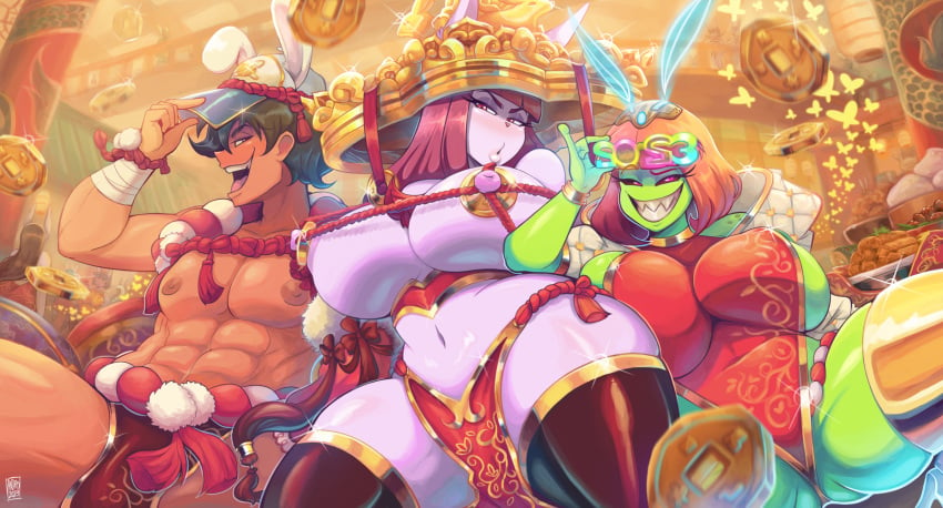 1boy 2girls alie_(androjuniarto) androjuniarto big_ass big_breasts chinese_clothes chinese_clothing chinese_new_year green_skin looking_at_viewer luna_bunn male pale_skin partially_clothed red_hair smile tagme tagme_(character) thick_thighs