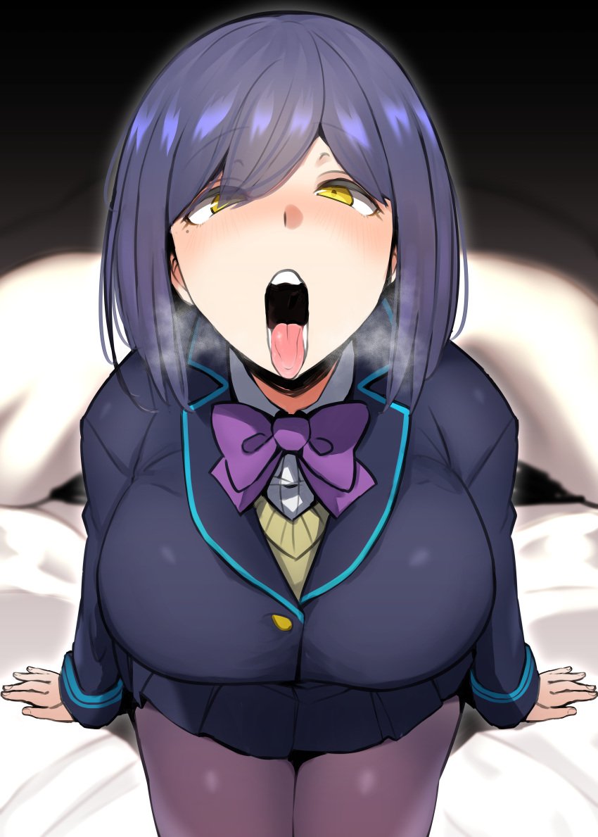 1girls after_swallowing blue_hair blush bowtie breasts fangosuta female_only gokkun huge_breasts implied_fellatio implied_oral looking_at_viewer nijisanji on_bed open_mouth presenting_mouth school_uniform shizuka_rin short_hair sitting smell solo stockings swallowing swallowing_cum tongue tongue_out virtual_youtuber yellow_eyes