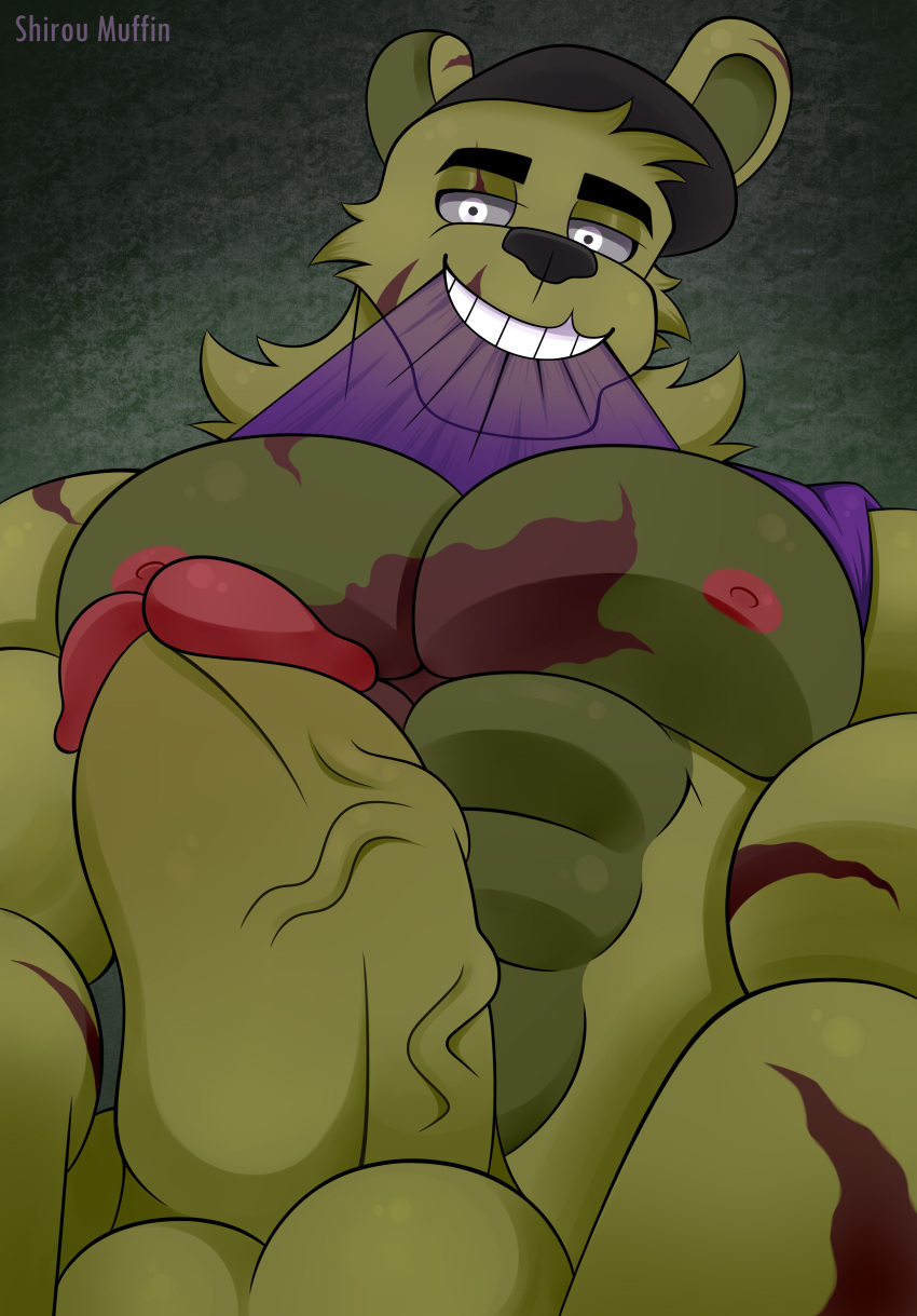 1boy absurd_res anthro big_penis five_nights_at_freddy's five_nights_at_freddy's_3 gay genitals green_body hi_res lagomorph leporid male male_only mammal pecs penis rabbit scottgames shirou_muffin solo springtrap springtrap_(fnaf) video_games