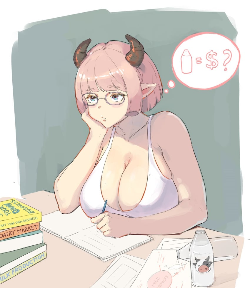 big_breasts cleavage cow_girl daydream dream eyewear female female_only light-skinned_female milk original original_character student studying tezy8art thinking writing