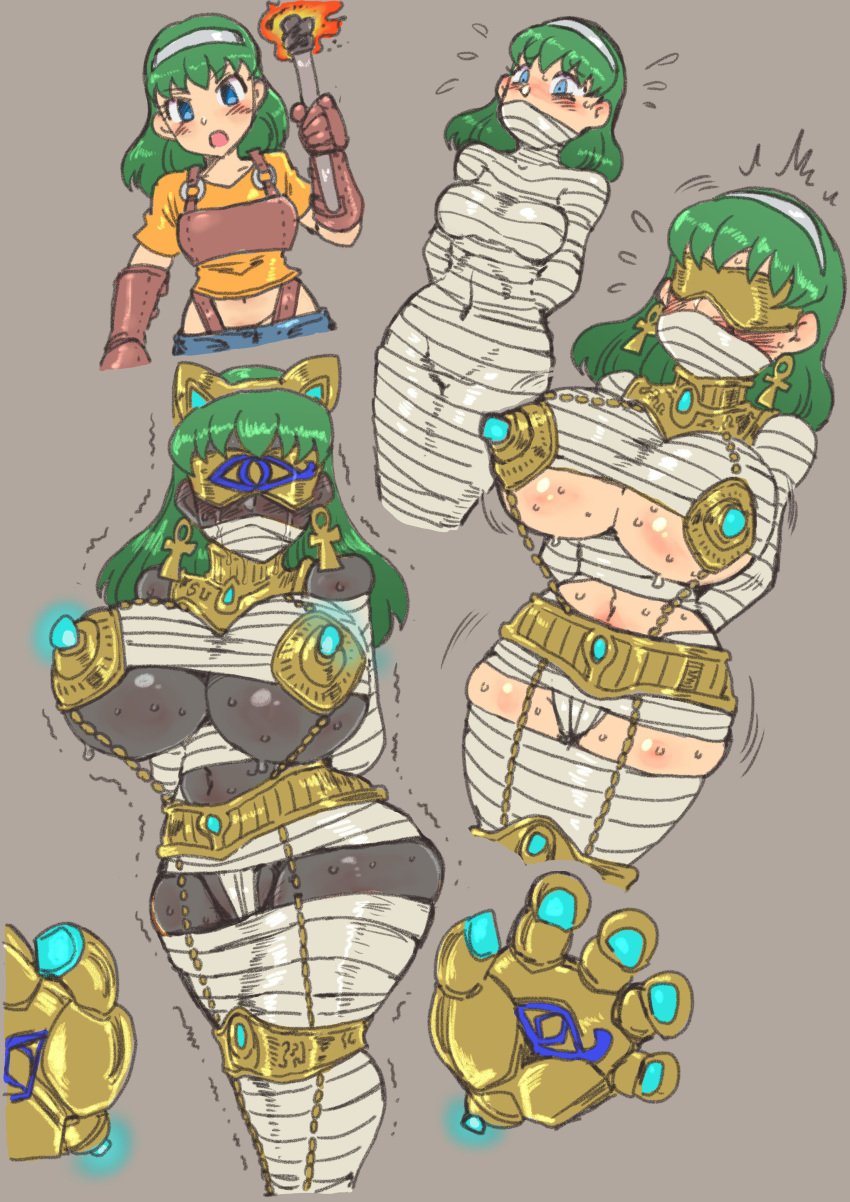 1girl ass_expansion blindfold breast_expansion corruption enemy_conversion female gold huge_ass huge_breasts identity_death jewelry metamorgirl mummification mummification_(bound) mummified mummy skin_color_change thick_thighs thigh_expansion transformation wide_hips