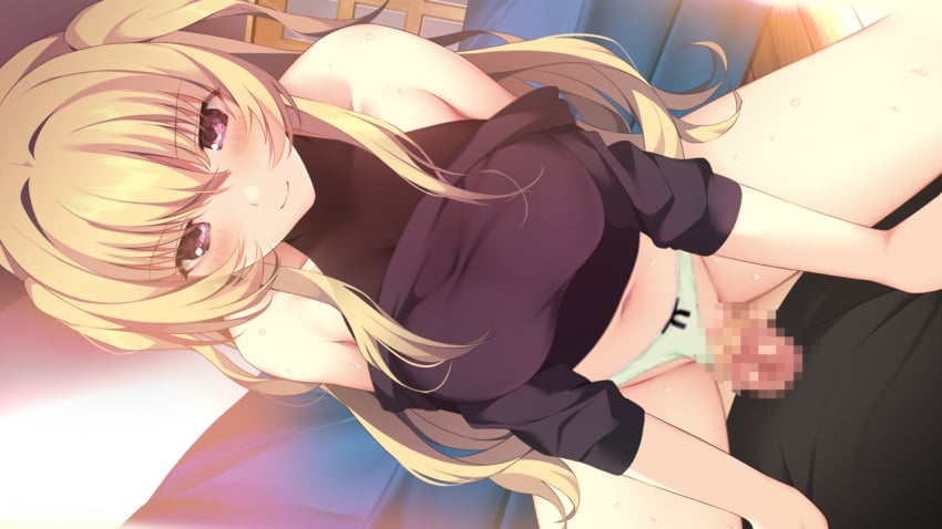 1boy atelier_kaguya_honky-tonk_pumpkin bangs black_ribbon black_shirt black_sweater blonde_hair blush bria_anderson censored closed_mouth clothes_pull clothing_aside cowgirl_position dutch_angle female game_cg hair_between_eyes hair_intakes homestay_a_la_mode long_hair looking_at_viewer midriff mosaic_censoring navel panties panties_aside penis pov red_eyes ribbon ribbon_panties shiny shiny_hair shirt smile stomach straight sweater sweater_pull tai_(nazutai) underwear very_long_hair white_panties