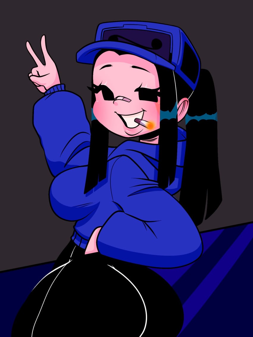 1girls 5hitzzzu ass bandaid big_ass big_breasts big_butt black_hair black_pants blue_shirt boombita cassette_girl cigarette clothed clothing female friday_night_funkin friday_night_funkin_mod funcu funculicious hand_in_pocket hat hoodie huge_ass meatcuteshii newgrounds only_female peace_sign pinkbobatoo ponytail puffed_cheeks side_ponytail sideboob skiddioop smile smoking stereodaddy tight_clothing