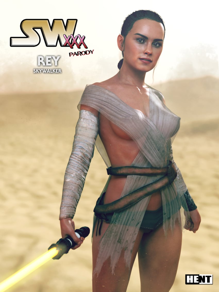 1girls 3d braless breasts disney erect_nipples female hent hourglass_figure jedi light-skinned_female light_skin lightsaber medium_breasts nipples nipples_visible_through_clothing no_bra partially_clothed revealing_clothes rey see-through see-through_clothing skimpy star_wars text