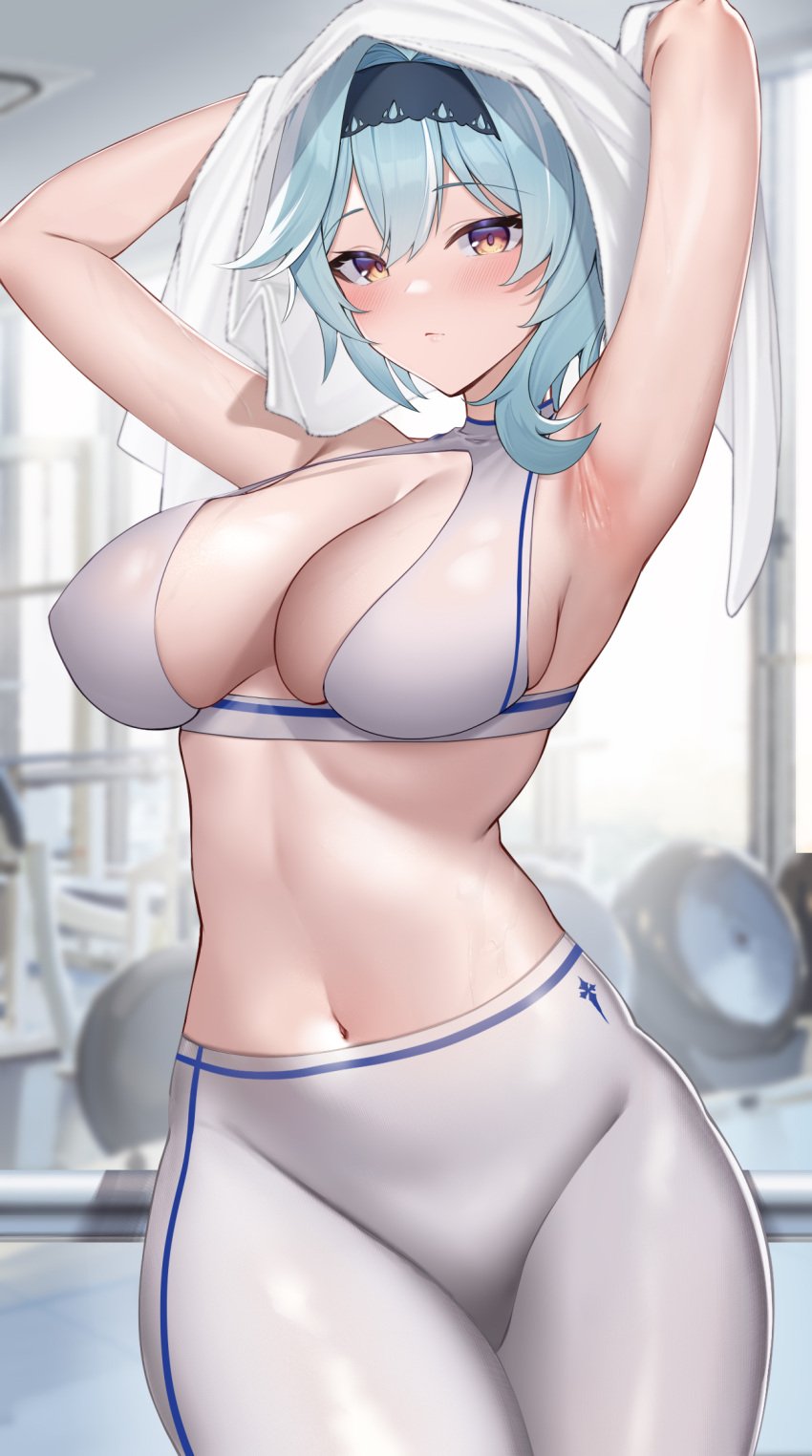 1girls armpits arms_up blush breasts cleavage eula_(genshin_impact) female genshin_impact gym looking_at_viewer midriff navel solo solo_female sports_bra terebi_(shimizu1996) towel workout workout_clothes yoga_pants