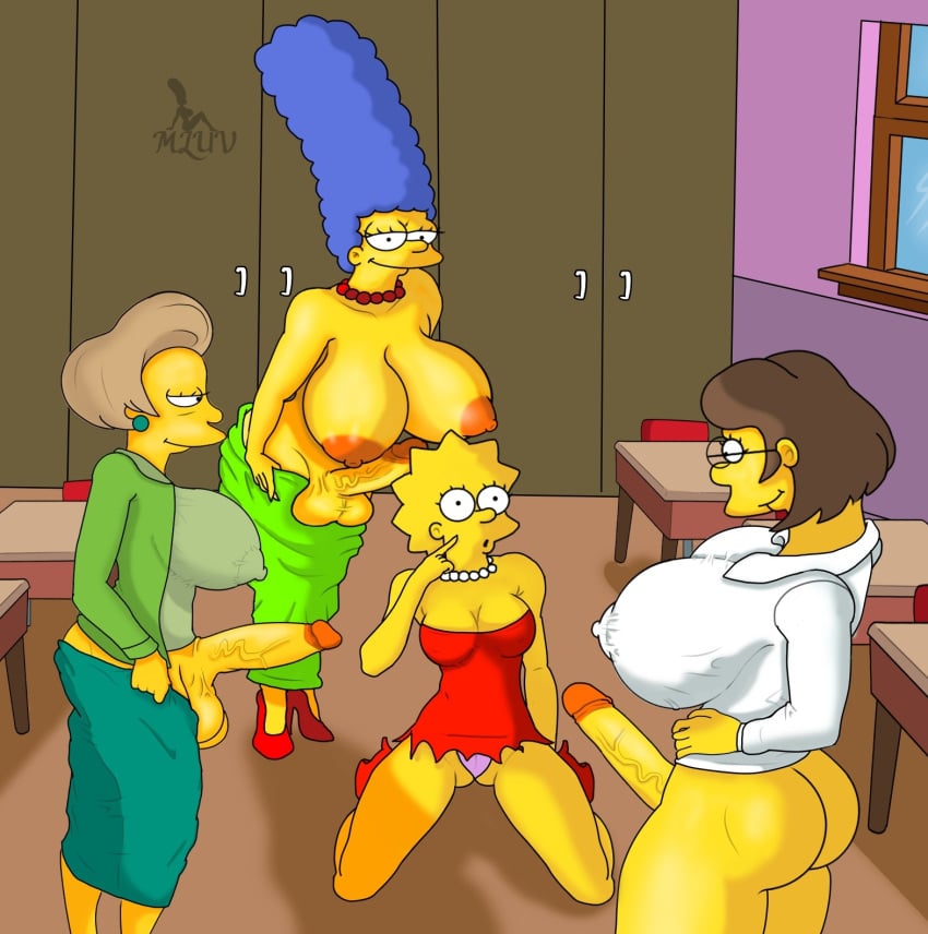 big_breasts big_penis edna_krabappel elizabeth_hoover futanari incest lisa_simpson marge_simpson mluv the_simpsons yellow_body