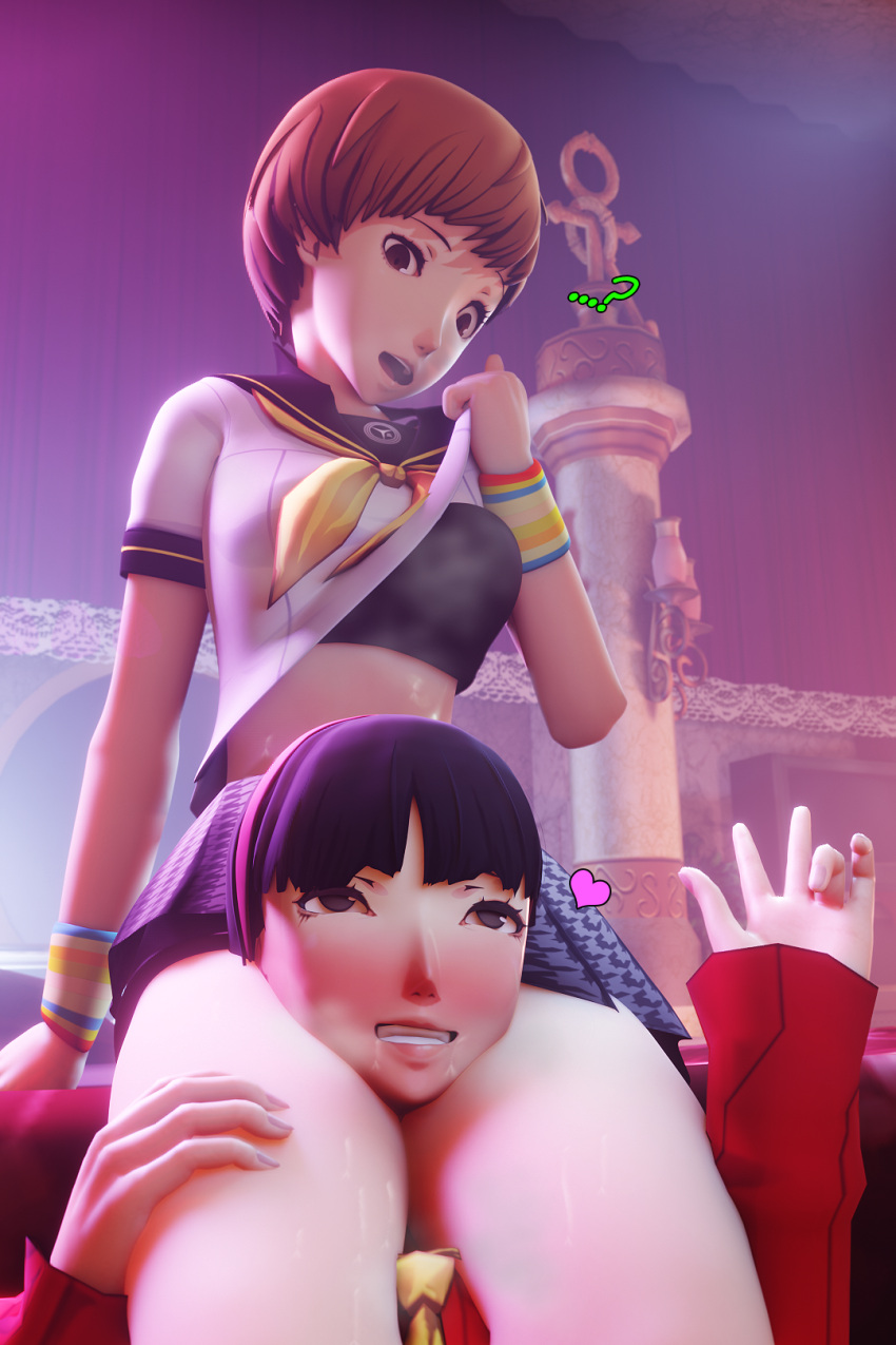 ...? 2girls 3d amagi_yukiko amateurthrowaway black_hair blush brown_eyes brown_hair head_between_thighs heart hi_res looking_down persona persona_4 satonaka_chie short_hair steam sweat yuri