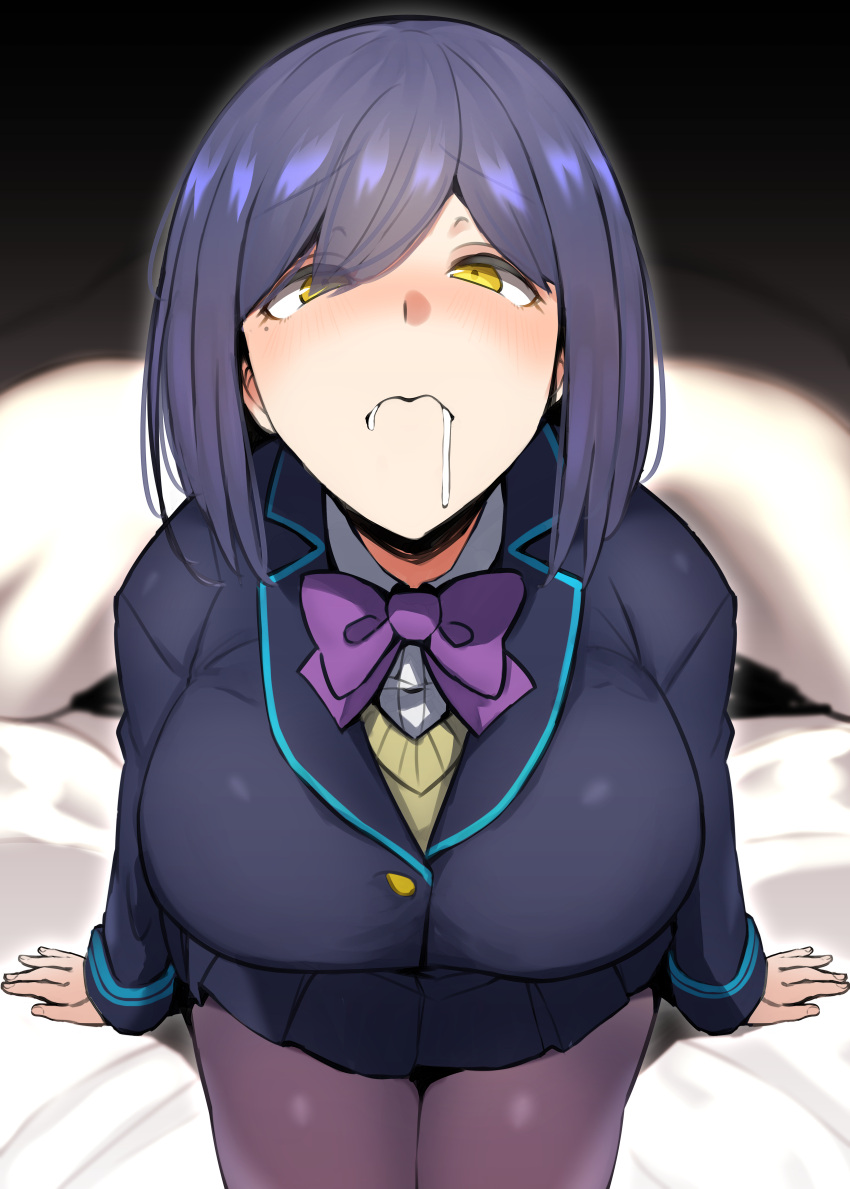 1girls blue_hair blush bowtie breasts chewing_cum cum cum_chewing cum_drool cum_in_mouth fangosuta female_only gokkun huge_breasts implied_fellatio implied_oral looking_at_viewer mouth_full_of_cum mouthful nijisanji on_bed presenting_mouth school_uniform shizuka_rin short_hair sitting smell solo stockings swallowing swallowing_cum virtual_youtuber yellow_eyes