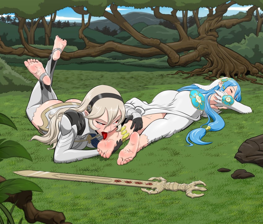 2girls armor armored_female asleep ass azura_(fire_emblem) barefoot big_ass corrin_(fire_emblem) corrin_(fire_emblem)_(female) einom female female_only fire_emblem fire_emblem_fates foot_fetish foot_lick foot_licking foot_worship forest forest_background fully_clothed fully_clothed_female horny_female nintendo non-con sleeping soles sword toes unaware yuri