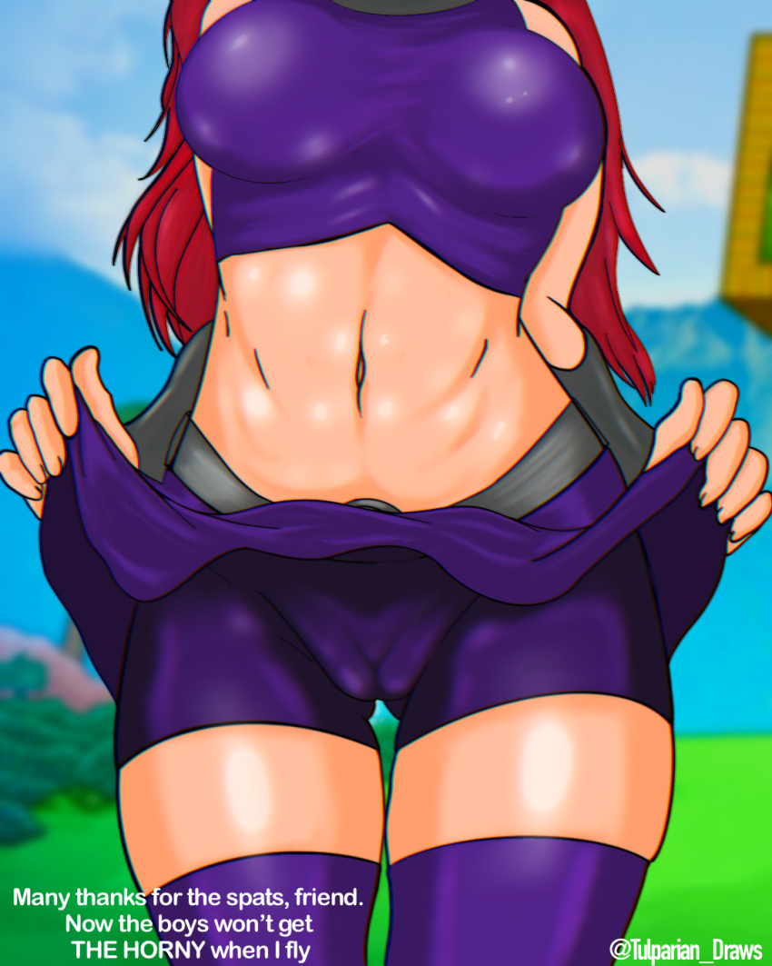 bike_shorts bike_shorts_under_skirt cameltoe dc no_panties no_panties_under_skirt no_panties_under_spats original panties shorts shorts_under_skirt skirt skirt_lift spats spats_under_skirt starfire teen_titans underwear