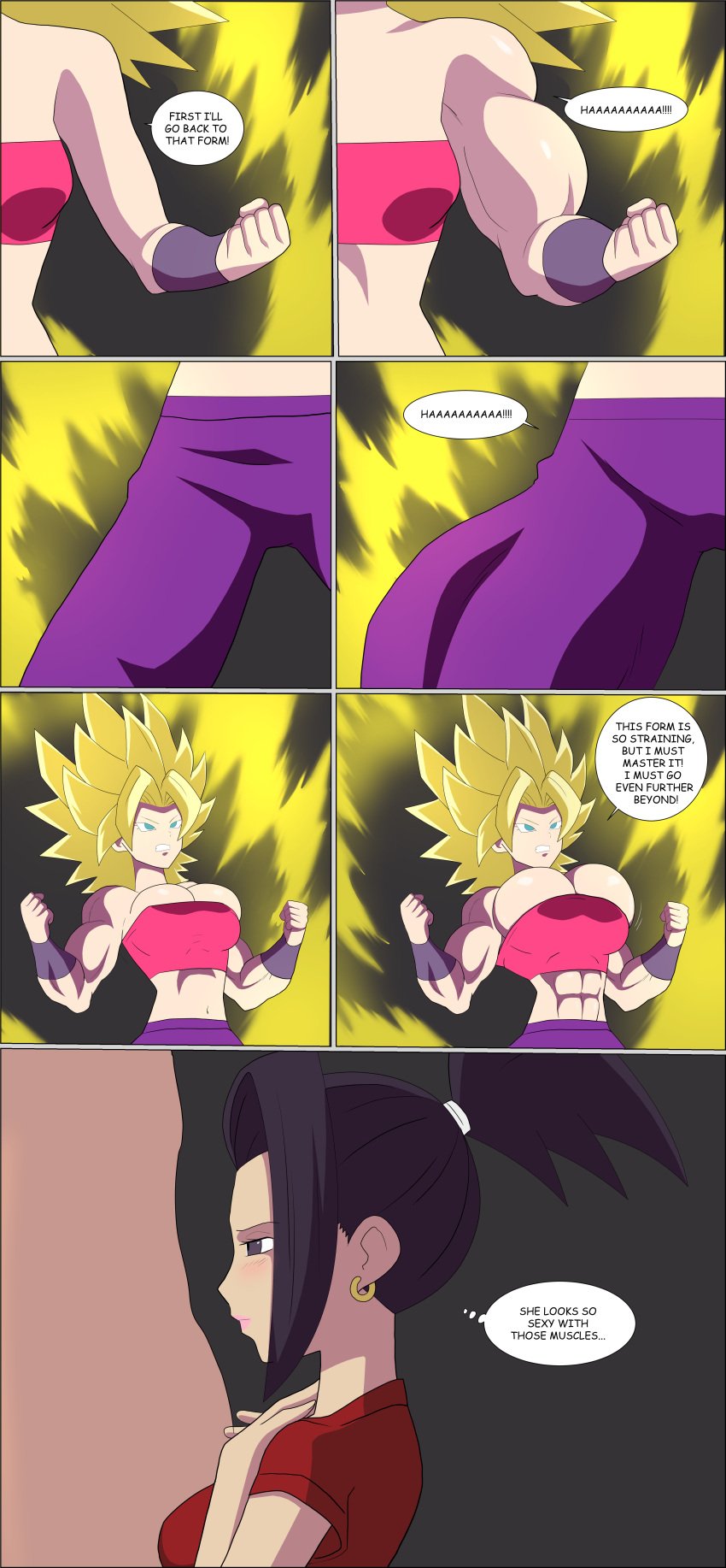 2girls breasts caulifla comic dialogue dragon_ball dragon_ball_super english english_text female female_only female_saiyan growth huge_breasts kale muscle_growth muscular muscular_female saiyan shounen_jump super_saiyan text zetarok