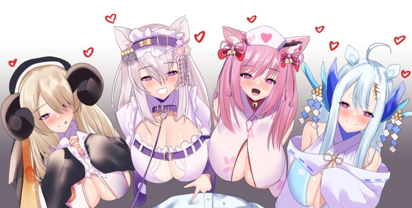 1boy 4girls animal_ears blonde_hair blush boob_window breast_curtains cat_ears catgirl dragon_ears dragon_girl dragon_horns eyebrows_visible_through_hair hair_ornament harem headdress heart horns huge_breasts inori_marie kemonomimi kouya_no_naga_samurai licking_lips light-skinned_female light_blue_hair light_skin mikoshiba_mikoto miyako_miyuri nun nurse_cap open_mouth pink_hair poking poking_stomach purple_eyes sheep_ears sheep_girl sheep_horns teasing tenshouin_himeno tonokawa virtual_youtuber wolf_ears wolf_girl