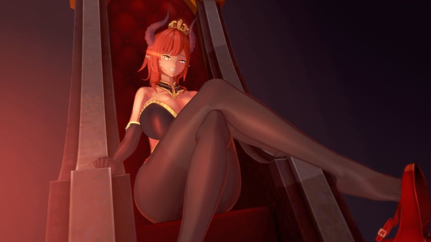 1girls 3d crossed_legs crown dark-skinned_female dark_skin grin horns legwear lilibet_(scratch-key) mocking mocking_viewer original queen red_hair scratch-key sitting sitting_on_throne solo throne