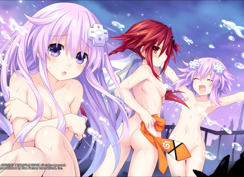 3girls ass blush breasts convenient_censoring covering_breasts d-pad_hair_ornament embarrassed embarrassed_nude_female enf female female_focus female_only goddess happy long_hair looking_at_viewer looking_back naked nepgear neptune_(neptunia) neptunia_(series) official_art open_mouth orange_eyes outside purple_eyes purple_hair red_hair short_hair thighs twintails uzume_tennouboshi water