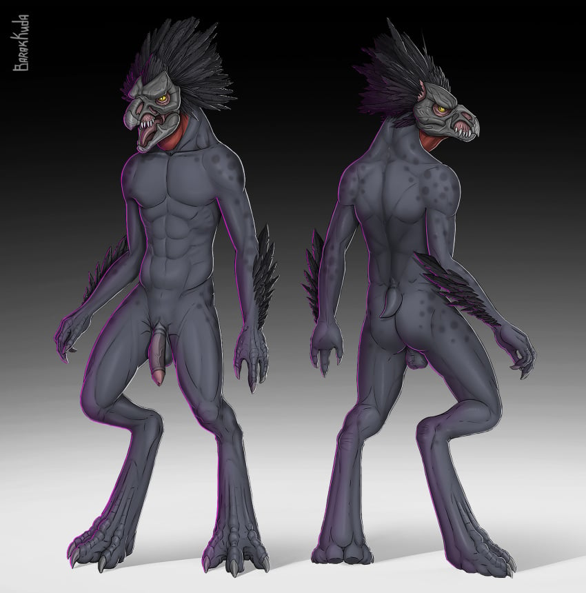 3_fingers 3_toes abs absurd_res alien alien_humanoid anthro arm_tuft ass avian backsack balls barakkuda beak black_body black_feathers claws colored digitigrade fangs feather_hair feather_tuft feathered_crest feathers feet finger_claws fingers flaccid front_view genitals glans glowing glowing_eyes grey_body grey_skin halo_(series) head_crest hi_res humanoid kig-yar looking_at_viewer looking_back looking_back_at_viewer male microsoft muscular muscular_anthro muscular_humanoid muscular_male nude open_mouth penis pseudo_hair pupils rear_view scales scalie shaded short_tail simple_background slit_pupils small_tail solo spots spotted_body spotted_skin standing t'vaoan tail teeth toe_claws toes tongue tuft unusual_anatomy unusual_genitalia unusual_penis xbox_game_studios yellow_eyes