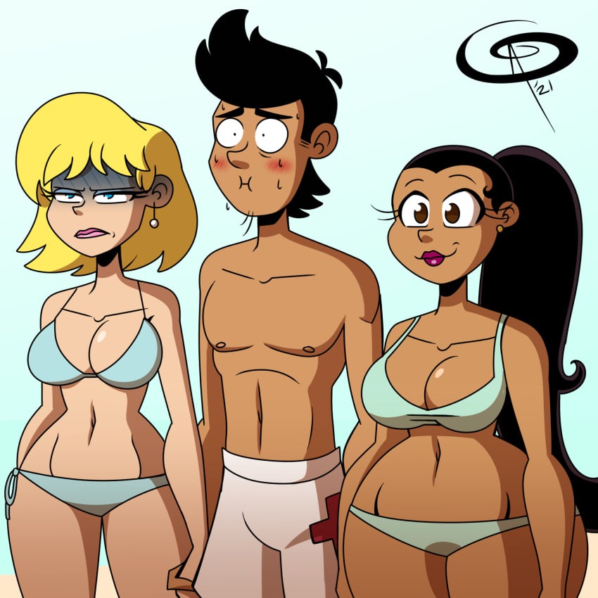 1boy 2girls bikini black_eyes black_hair blonde blonde_hair blue_bikini blue_eyes blue_swimsuit blushing bobby_santiago breasts carlota_casagrande curvy_female earrings frostbiteboi frown hispanic lipstick long_hair long_hair_female lori_loud muscular_male navel nickelodeon nipples ponytail shirtless shirtless_male short_hair short_hair_female short_hair_male smile smiling sweating swimming_trunks swimsuit tan_skin the_casagrandes the_loud_house thicc-verse thick_thighs thighs toned_male unhappy_female white_swimming_trunks white_swimsuit wide_hips worried worried_expression