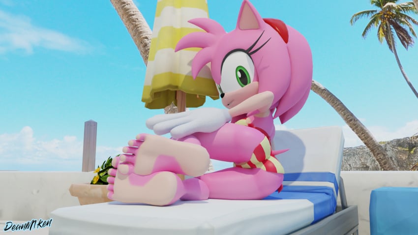 16:9 3d_(artwork) 5_toes amy_rose anthro ass bikini black_nose blender clothing deanm1ken eulipotyphlan feet female gloves green_eyes hair hedgehog looking_at_viewer looking_back pink_body pink_fur pink_hair sega solo sonic_(series) sonic_the_hedgehog_(series) swimsuit widescreen