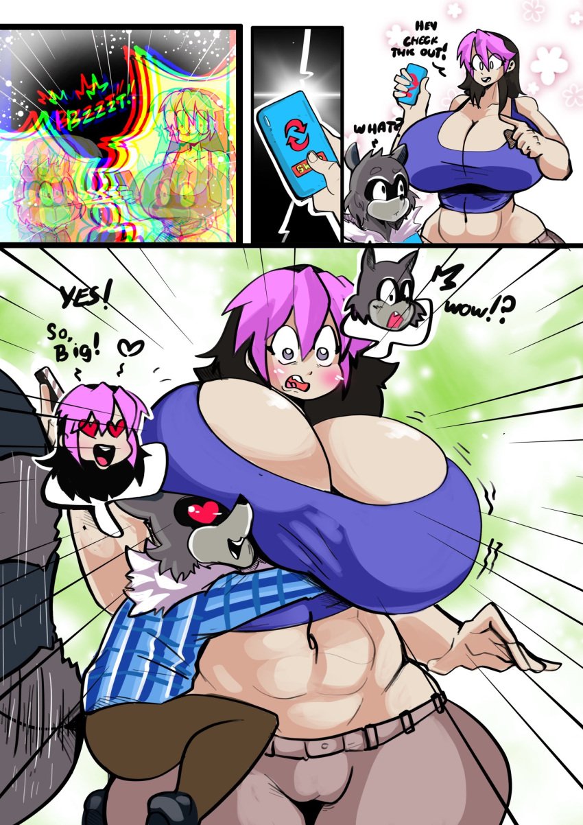 1boy 1girls 2020 2020s abs blush body_swap bodyswap breasts comic dyed_hair flustered furry furry_male heart_eyes huge_breasts hugging hugging_breasts jiggling_breasts large_breasts larger_female looking_down oc onat onatart oppaimisty raccoon raccoon_humanoid smaller_male sports_bra thick thick_thighs tsf wide_hips