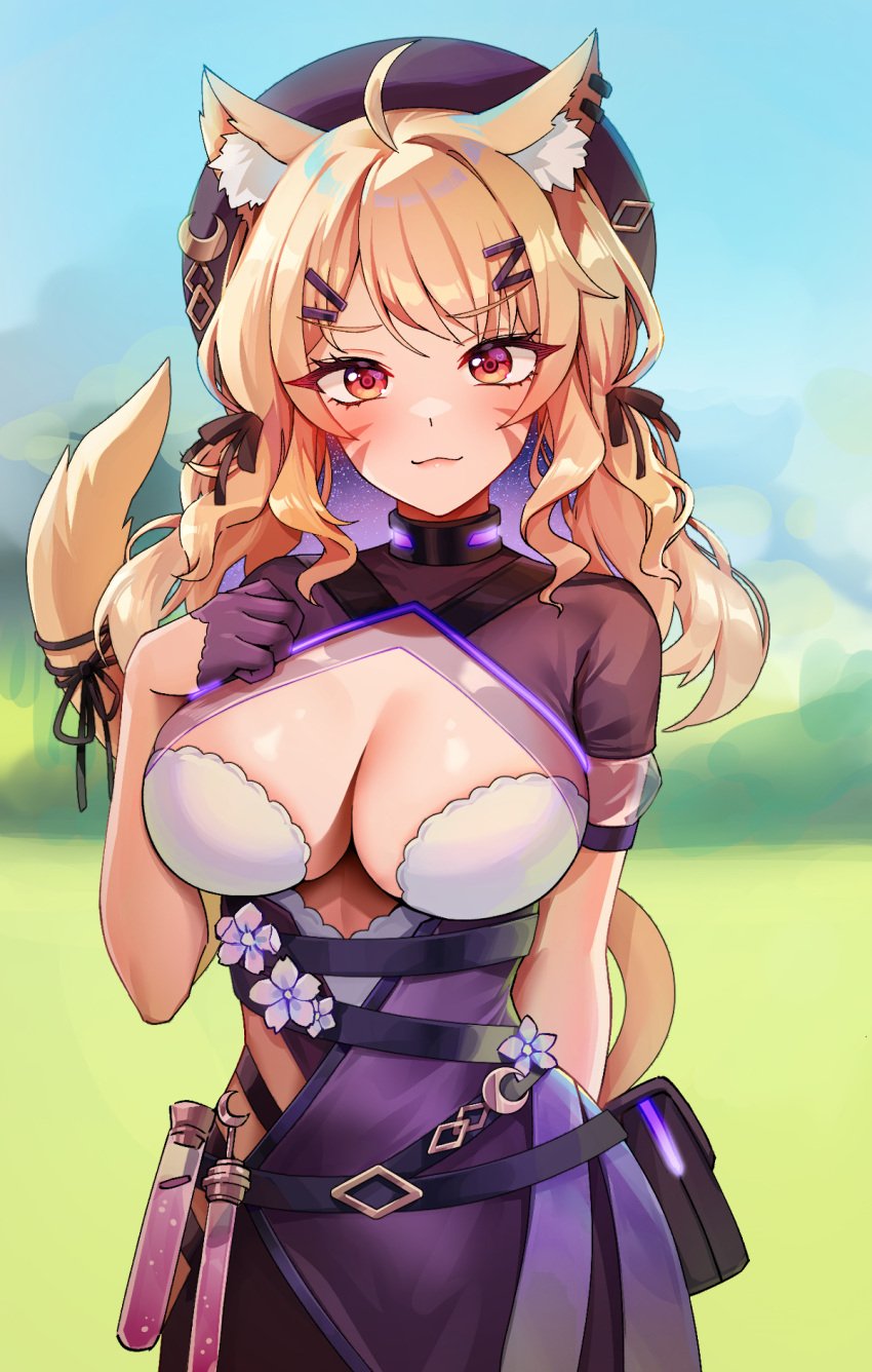 1girls ahoge animal_ear_fluff animal_ears arm_behind_back belt_pouch black_ribbon blonde_hair blurry blurry_background breasts closed_mouth commentary cowboy_shot day dress facial_mark flower foxy_rain_(foxyreine) foxyrain_(foxyreine) foxyreine gloves hair_ornament hair_ribbon hairclip half_gloves hand_up hat highres large_breasts looking_at_viewer low_twintails outdoors pouch purple_dress ribbon see-through see-through_sleeves shiny_skin short_sleeves skindentation solo squchan_(vtuber) tail tail_ornament tail_ribbon test_tube twintails virtual_youtuber vyugen whisker_markings