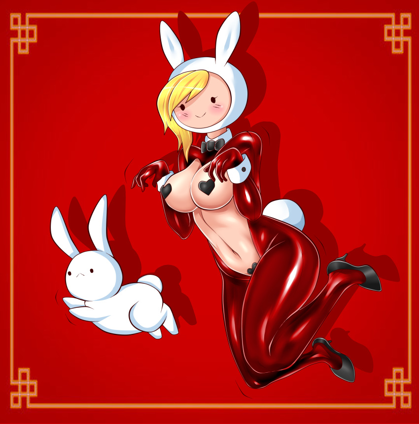 adventure_time bunny_ears bunny_girl bunny_tail bunnygirl bunnysuit cute eliozdherion fake_animal_ears fake_rabbit_ears fake_tail fionna_the_human_girl heart-shaped_pasties heels high_heels jumping latex latex_stockings pasties playboy_bunny red_latex reverse_bunnysuit thick_thighs thighs wide_hips wrist_cuffs