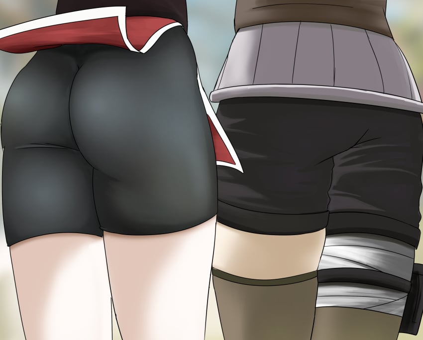 2020s 2023 2girls arm_support ass back_view bike_shorts black_bottomwear butt_crack_outline cameltoe compression_shorts creedle crop_top denim_shorts duo duo_female female female_only forest from_behind greyscale heroines hyuuga_hinata kunoichi light-skinned_female light_skin long_hair manga monochrome naruto naruto_(classic) naruto_(series) naruto_shippuden ninja on_tree original outdoors rear_view revealing_clothes sakura_haruno shorts solo solo_female solo_focus spats squatting standing thighs tight_clothing tiptoes tomboys tree visible_underwear