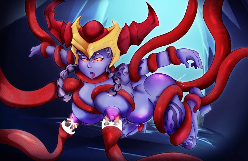 1girls 1other 2d 2d_(artwork) big_breasts blue_background braided_hair braided_twintails cartoony feet female female_focus helmet humanoid league_of_legends lifted long_hair milking milking_tentacles naked nipples nude open_mouth pregnant proterios purple_hair purple_skin red_eyes red_tentacles restrained scales shyvana tentacle tentacle_monster tongue tongue_out