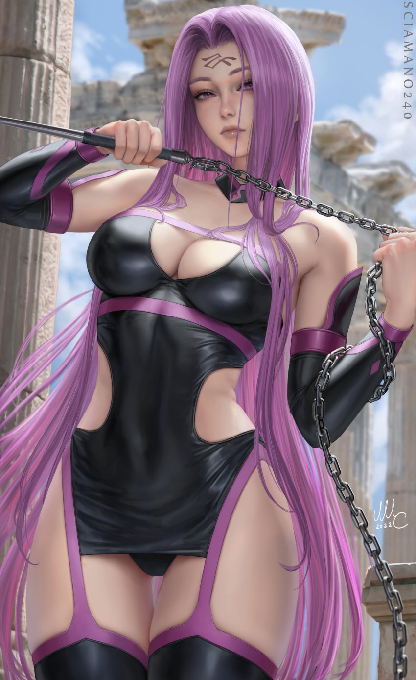 1girls :( bare_shoulders big_breasts bodysuit breasts chains cleavage collar detached_sleeves disappointed displeased fate/grand_order fate/hollow_ataraxia fate/stay_night fate_(series) female female_only forehead_tattoo highres holding_chain latex latex_suit light-skinned_female lips long_hair looking_at_viewer medusa_(fate) nail_(weapon) nose outdoors outside pillar purple_eyes purple_hair push-up sciamano240 solo standing stockings thick_thighs thighs tight_clothing very_long_hair waist