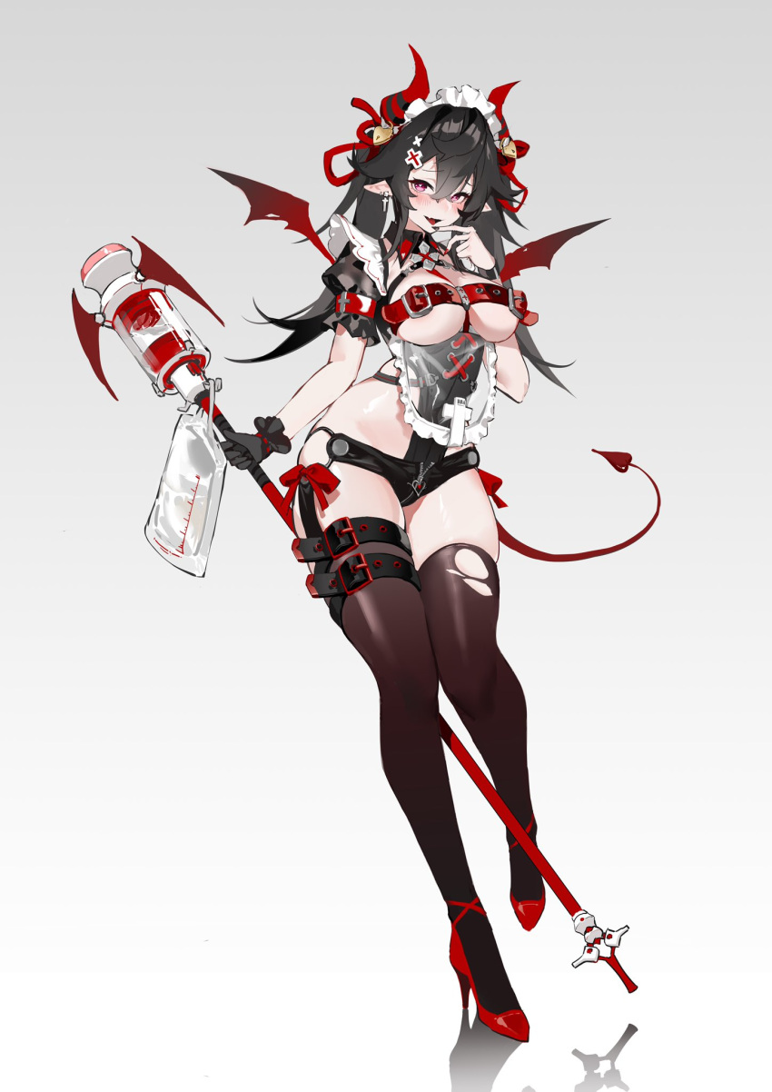 1girls belt_bra black_glove black_hair blood_bag blush clothed clothing female female_only glove hair_ornament heart-shaped_pupils heels horns jiuyesang light-skinned_female light_skin monster_girl oerba_yun_fang original pointy_ears red_heels scepter seductive skimpy_clothes solo stockings symbol-shaped_pupils vampire vampire_girl zena_(jiuyesang)