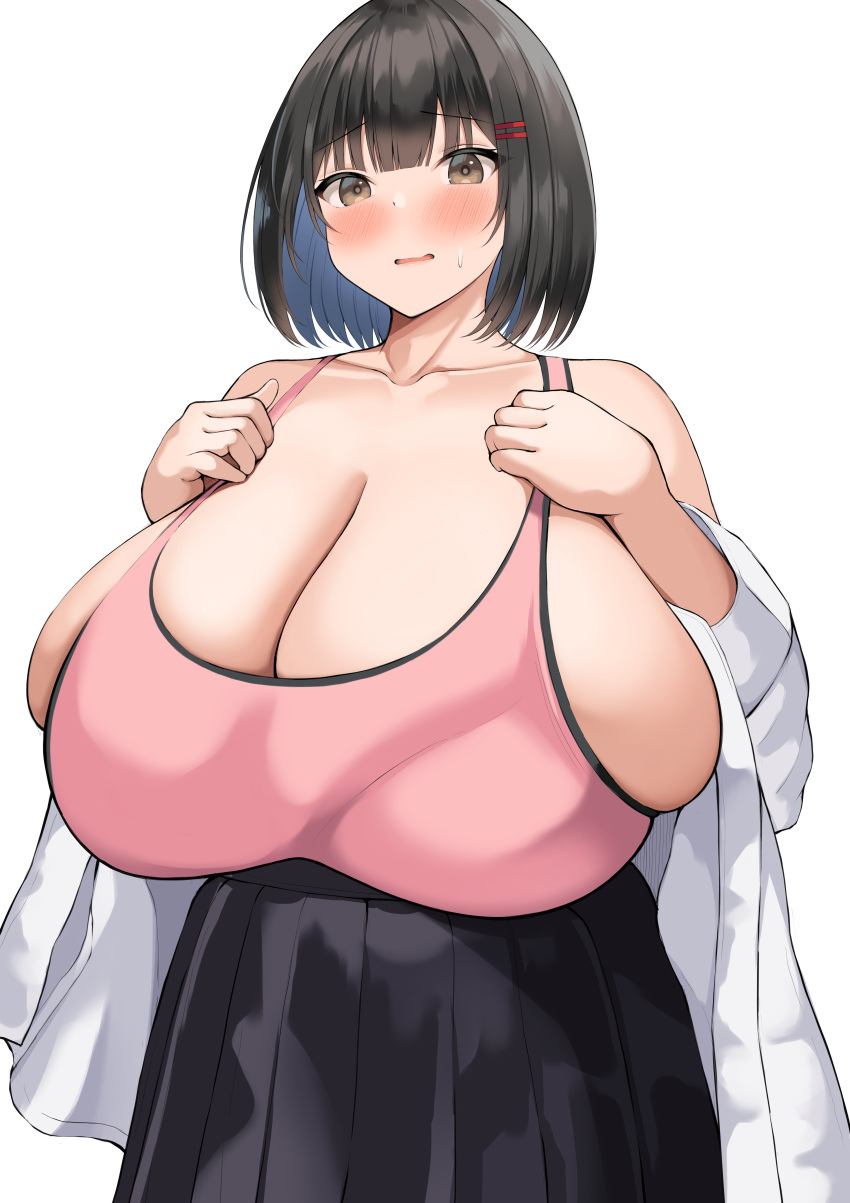 1girls adjusting_clothes black_skirt blush blush_lines blushing breasts brown_eyes brown_hair bursting_breasts chubby clavicle cleavage dark_hair deep_cleavage female female_only flustered hairclip highleg highleg_skirt huge_breasts light-skinned_female light_skin long_skirt massive_breasts medium_hair neneneji off_shoulder original original_character overflowing_breasts pleated_skirt red_hairclip short_hair shy skindentation skirt slightly_chubby soft_breasts solo spilling_out sweatdrop top_heavy top_heavy_breasts upper_body voluptuous white_breasts