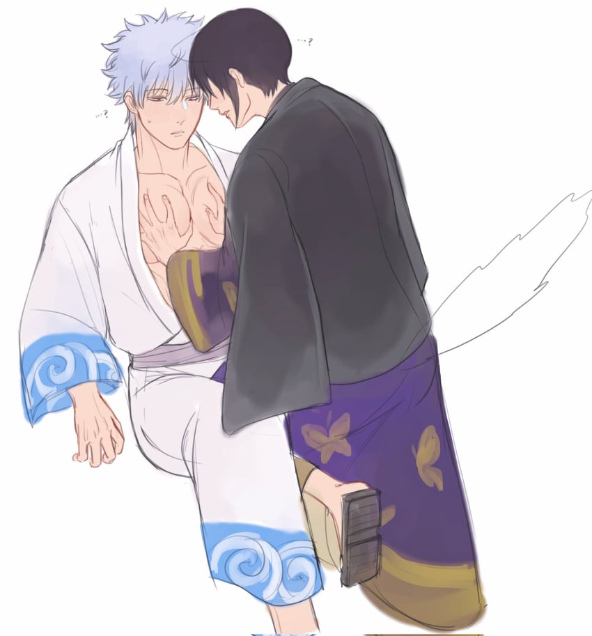 ... 2boys ? colored_sketch dark_hair gintama gintoki_sakata groping groping_chest half-closed_eyes haori japanese_clothes kimono lavender_hair looking_down male male_only not_responding open_kimono pec_grab pec_grasp pec_squeeze pecs pectoral_grab purple_hair sitting sweatdrop takasugi_shinsuke yaoi yukata