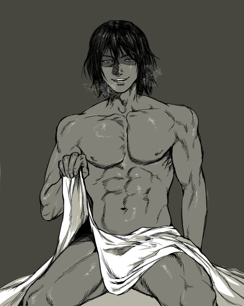 abs bishonen bishounen blanket breath dark-skinned_male dark_skin inviting inviting_to_sex kengan_(series) kengan_ashura looking_at_viewer male male_only medium_hair monochrome muscles nude ongaolantiddies rama_xiii shaded_face sitting smile solo toned toned_male