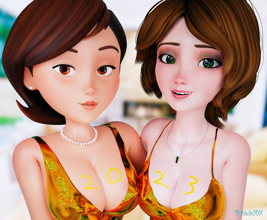 2girls 3d 3d_(artwork) ass athletic big big_ass big_breasts big_hero_6 breast_squeeze breasts brown_eyes brown_hair busty cass_hamada cleavage crossover disney elastigirl eyebrows eyelashes eyes female female_only fit fit_female green_eyes hair helen_parr heroine hourglass_figure huge_breasts human large_breasts light-skinned_female light_skin lips marvel milf mother necklace new_year new_year_2023 pixar short_hair skyblade3dx smooth_skin superheroine the_incredibles thick thick_hips thick_legs top_heavy upper_body voluptuous waist watermark wide_hips