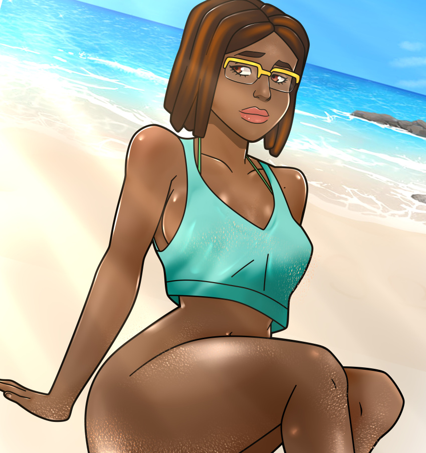 1girls alana_(invincible) alternate_version_available amazon beach bottomless_female brown_hair dark-skinned_female female_focus female_only fully_clothed glasses global_a_dreams green_ghost invincible invincible_(tv_series) outdoors sitting solo_female solo_focus thick_thighs