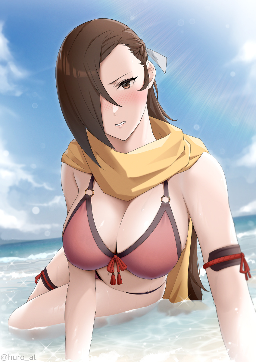 1girls alternate_costume beach bikini blue_sky blush breasts brown_eyes brown_hair cleavage cloud day female female_only fire_emblem fire_emblem_fates furo_atsushi hair_over_one_eye highres kagero_(fire_emblem) large_breasts lips long_hair looking_at_viewer navel nintendo one_eye_covered outdoors pink_bikini pink_lips pink_swimsuit red_bikini scarf sitting sky solo stomach sunlight swimsuit twitter_username very_long_hair water wet yellow_scarf