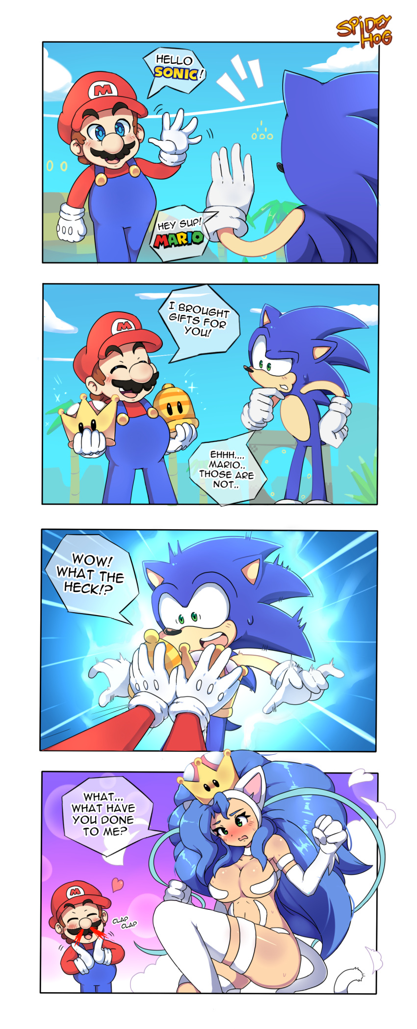 1girls 4koma clothing comic crossover darkstalkers felicia_(darkstalkers) female funny mario mario_(series) medium_breasts new_super_mario_bros._u_deluxe power_up sonic_(series) sonic_the_hedgehog spideyhog super_mario_3d_world what