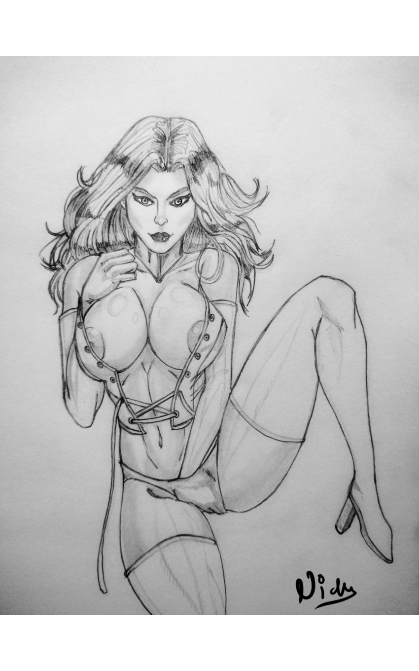 black_and_white bronxboy79 corset emma_frost marvel marvel_comics nipple_slip nipples panties touching_pussy touching_self white_queen x-men