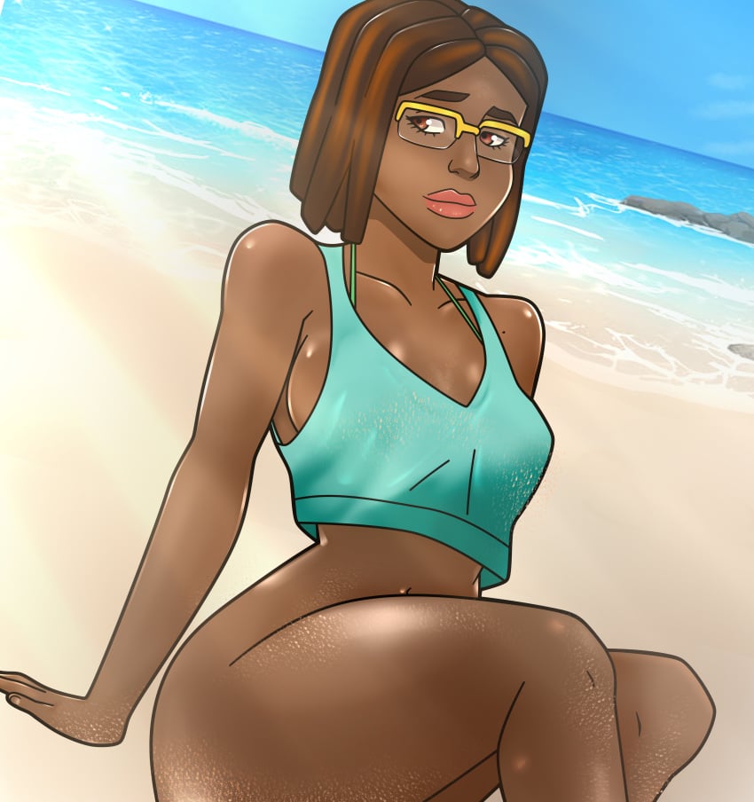 1girls alana_(invincible) alternate_version_available amazon beach dark-skinned_female female_focus female_only fully_clothed glasses global_a_dreams green_ghost invincible invincible_(tv_series) solo_female solo_focus