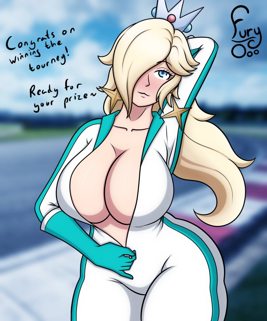 1girls 2023 arm_behind_head arm_up big_breasts bike_outfit_(mario_kart) blonde_hair blue_eyes bodysuit breast_squish breasts breasts_bigger_than_head crown female female_only fury_o hi_res highres huge_breasts mario_(series) mario_kart nintendo one_eye_covered one_eye_obstructed pale-skinned_female pale_skin pinup pinup_pose princess_rosalina racetrack skin_tight skin_tight_suit solo solo_focus spilling_out standing star_earrings strip_tease stripping tagme text thick_thighs thighs undressing undressing_self