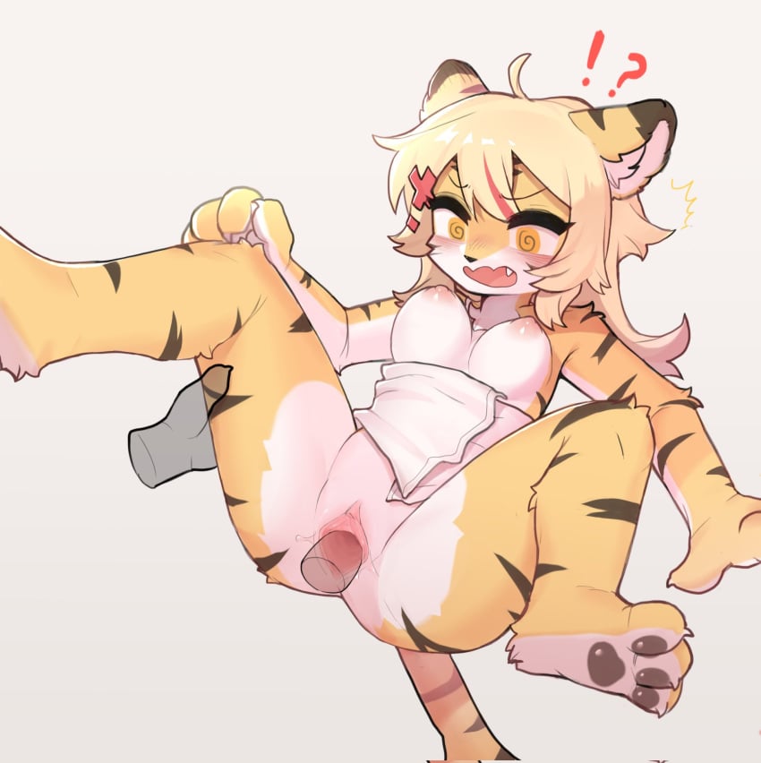 3_toes @_@ anthro blonde_hair blush bodily_fluids bouncing_breasts breasts claws confusion crayon_(artist) cute_fangs duo feet felid female female_penetrated fur genital_fluids genitals hair hi_res inner_ear_fluff male male/female mammal multicolored_hair orange_eyes pantherine pawpads paws penetration penile penile_penetration penis penis_in_pussy pussy pussy_juice sex simple_background spiral_eyes spread_legs spreading striped_body striped_fur stripes tail tiger toes towel towel_only translucent translucent_penis tuft vaginal_penetration white_background